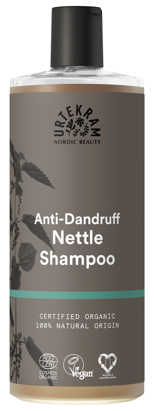 Grey bottle of Urtekram Anti-Dandruff Nettle Shampoo featuring a black cap and certified organic natural labels.