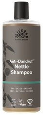 Grey bottle of Urtekram Anti-Dandruff Nettle Shampoo featuring a black cap and certified organic natural labels.
