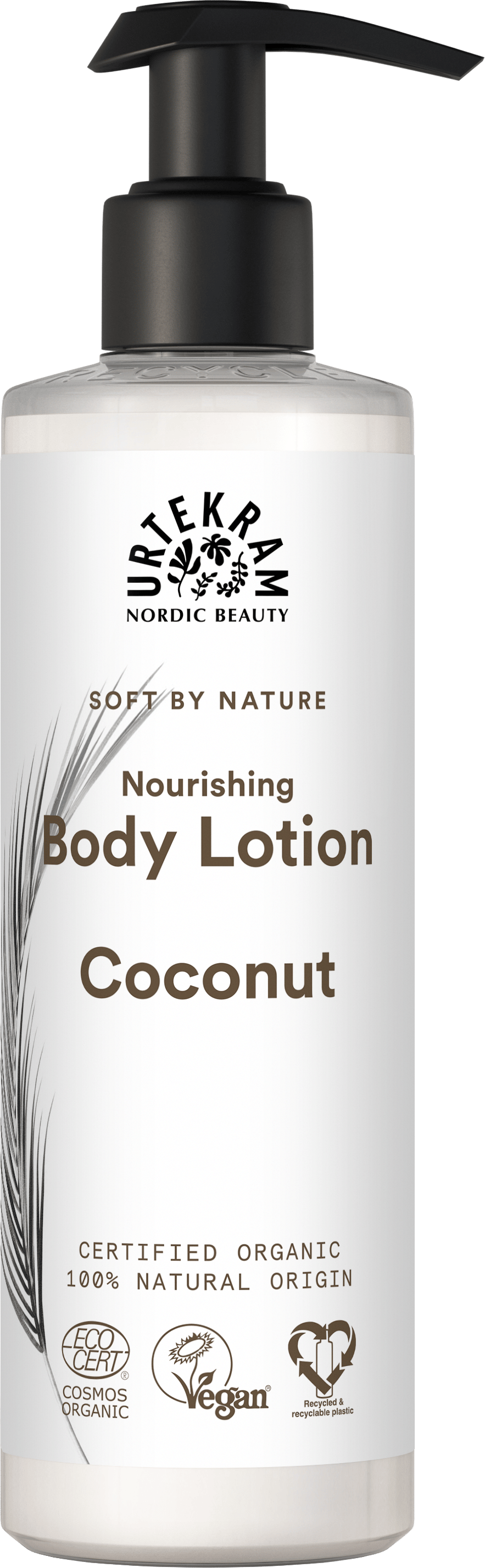 White pump bottle of Urtekram Soft by Nature Nourishing Coconut Body Lotion.