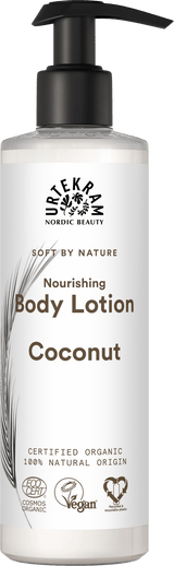 White pump bottle of Urtekram Soft by Nature Nourishing Coconut Body Lotion.