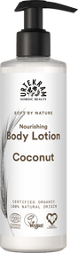 White pump bottle of Urtekram Soft by Nature Nourishing Coconut Body Lotion.
