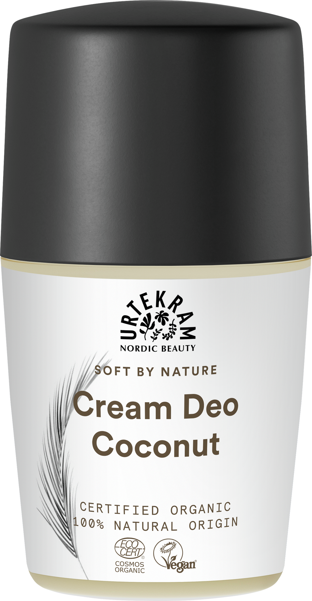 White bottle of Urtekram Soft by Nature Coconut Cream Deo with black cap.