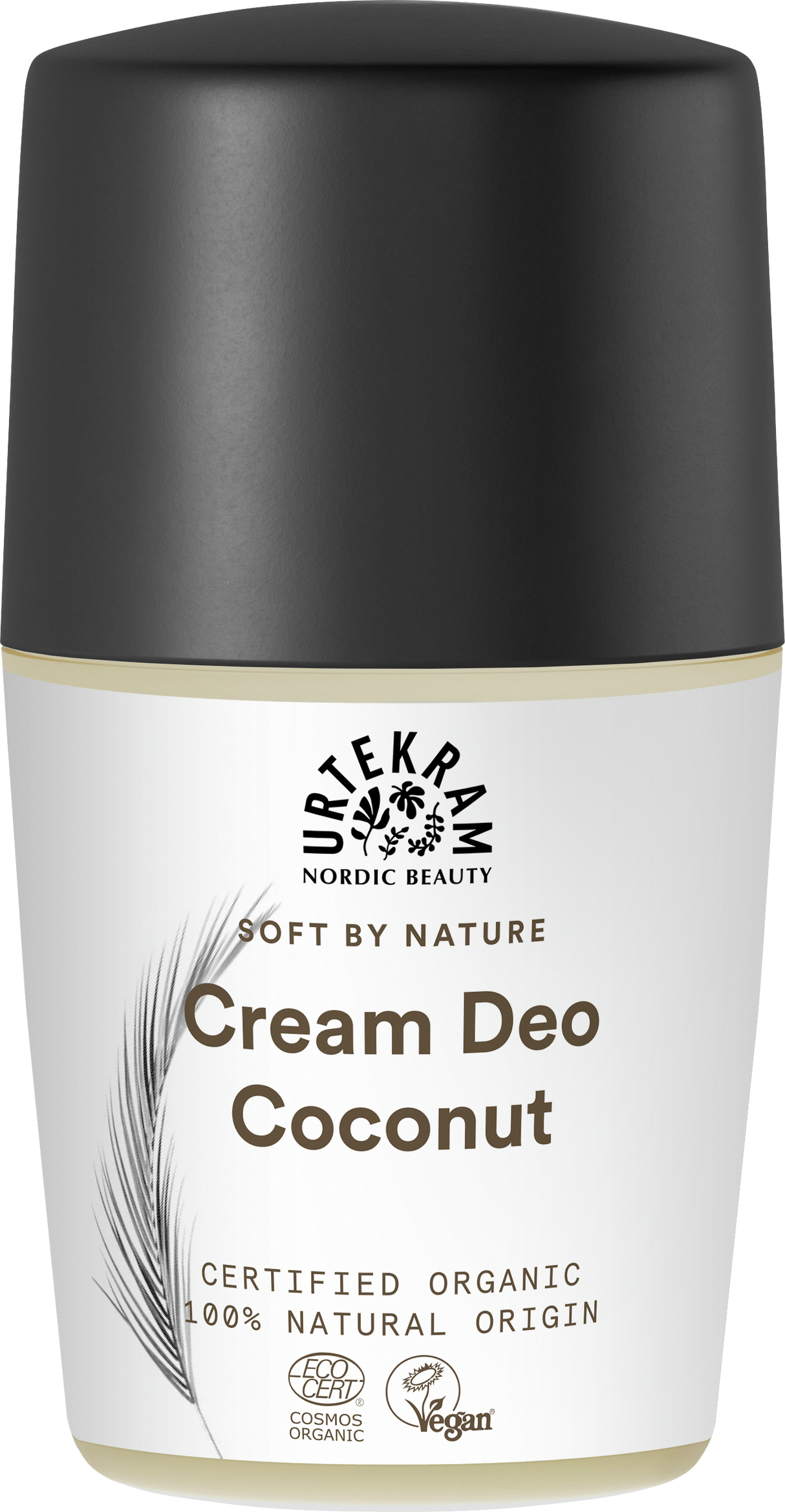 White bottle of Urtekram Soft by Nature Coconut Cream Deo with black cap.