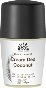 White bottle of Urtekram Soft by Nature Coconut Cream Deo with black cap.