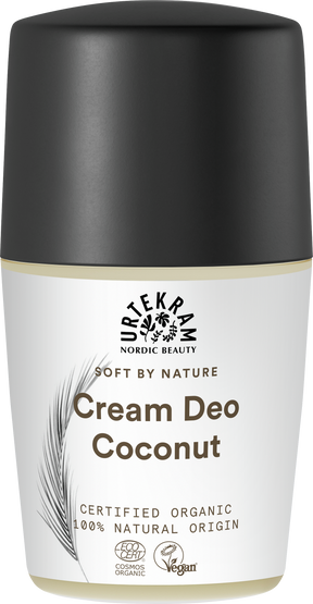 White bottle of Urtekram Soft by Nature Coconut Cream Deo with black cap.
