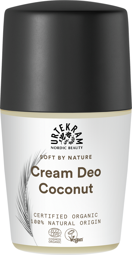 White bottle of Urtekram Soft by Nature Coconut Cream Deo with black cap.