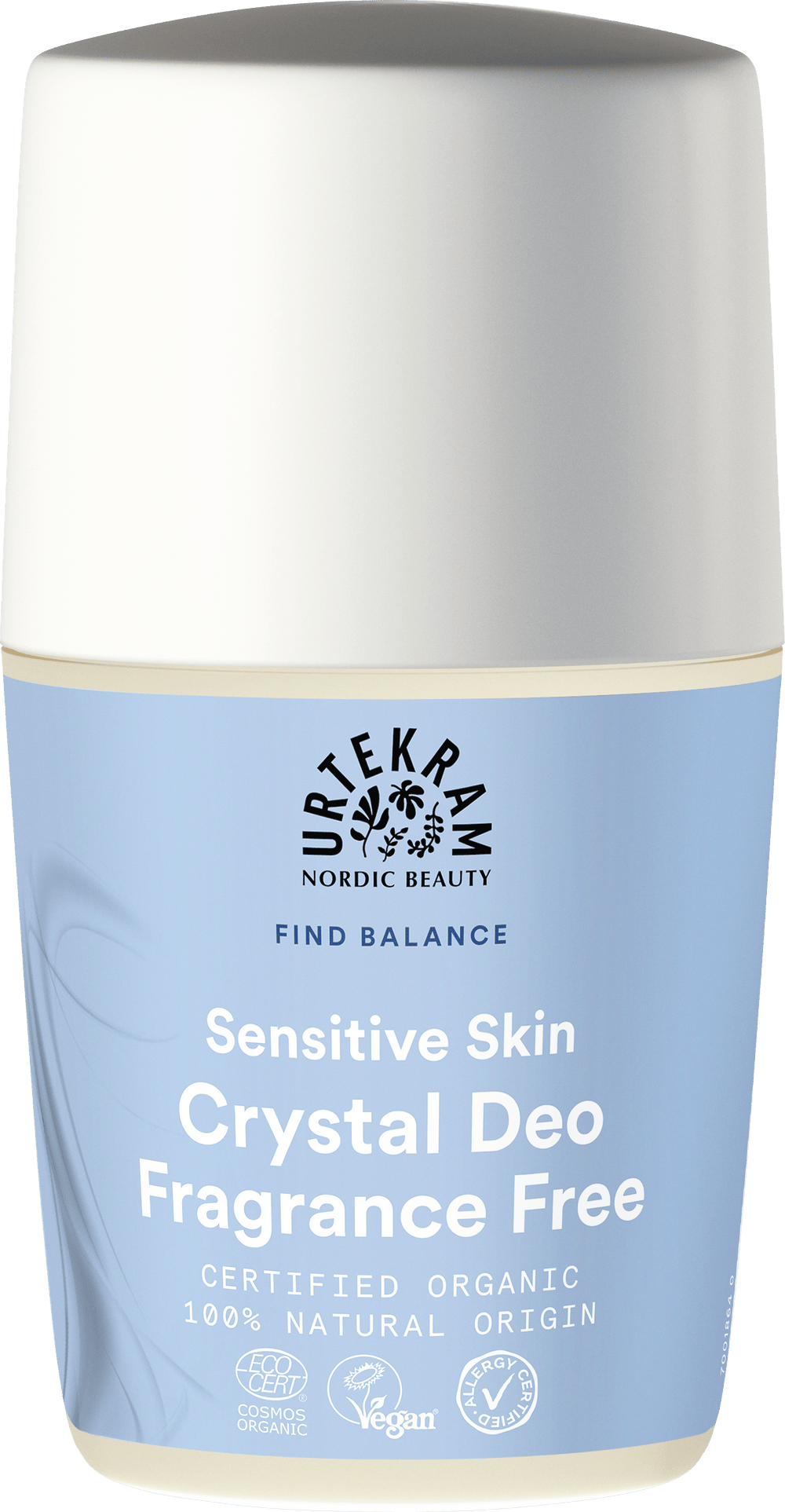 Light blue bottle of Urtekram Fragrance Free Crystal Deo with white cap.