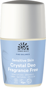Light blue bottle of Urtekram Fragrance Free Crystal Deo with white cap.