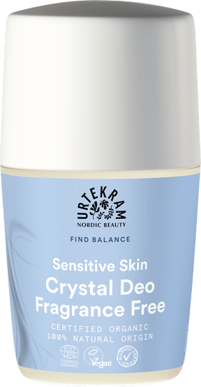 Light blue bottle of Urtekram Fragrance Free Crystal Deo with white cap.