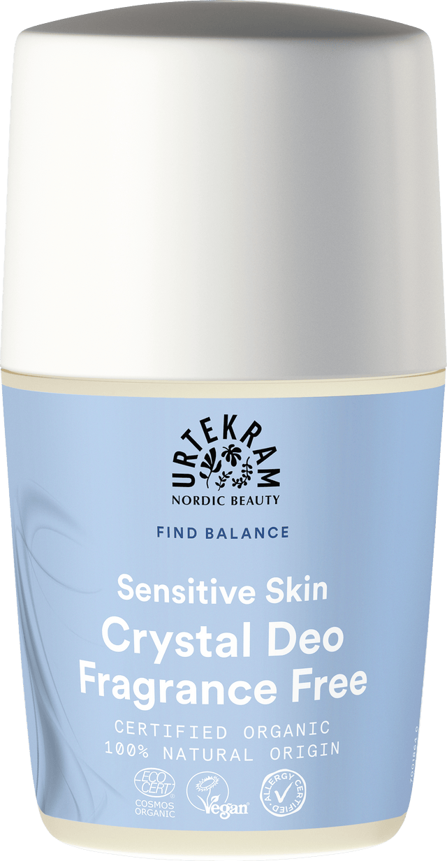 Light blue bottle of Urtekram Fragrance Free Crystal Deo with white cap.