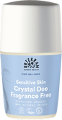 Light blue bottle of Urtekram Fragrance Free Crystal Deo with white cap.