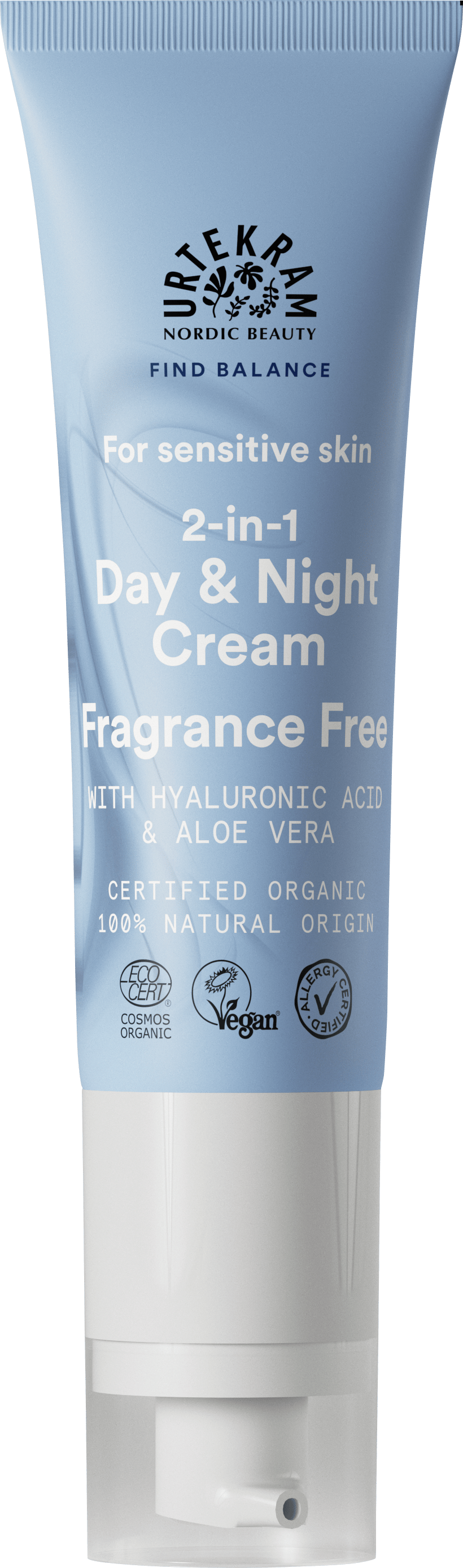 Light blue tube of Urtekram Fragrance Free 2-in-1 Day and Night Cream.