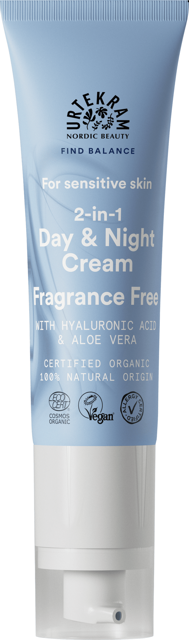 Light blue tube of Urtekram Fragrance Free 2-in-1 Day and Night Cream.