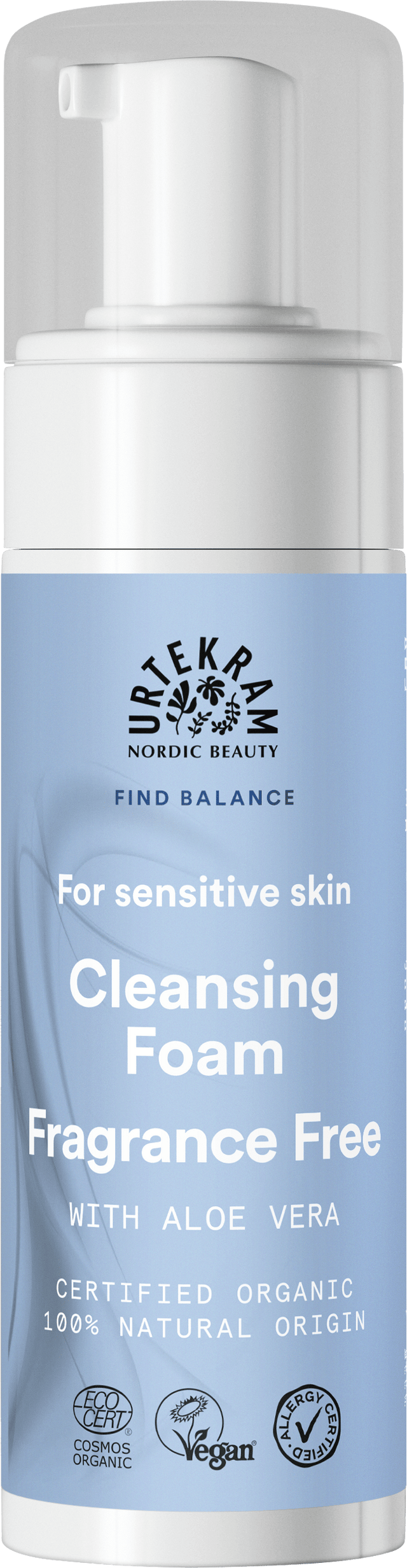 Light blue pump bottle of Urtekram Fragrance Free Cleansing Foam with aloe vera.