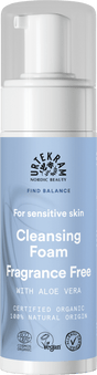 Light blue pump bottle of Urtekram Fragrance Free Cleansing Foam with aloe vera.