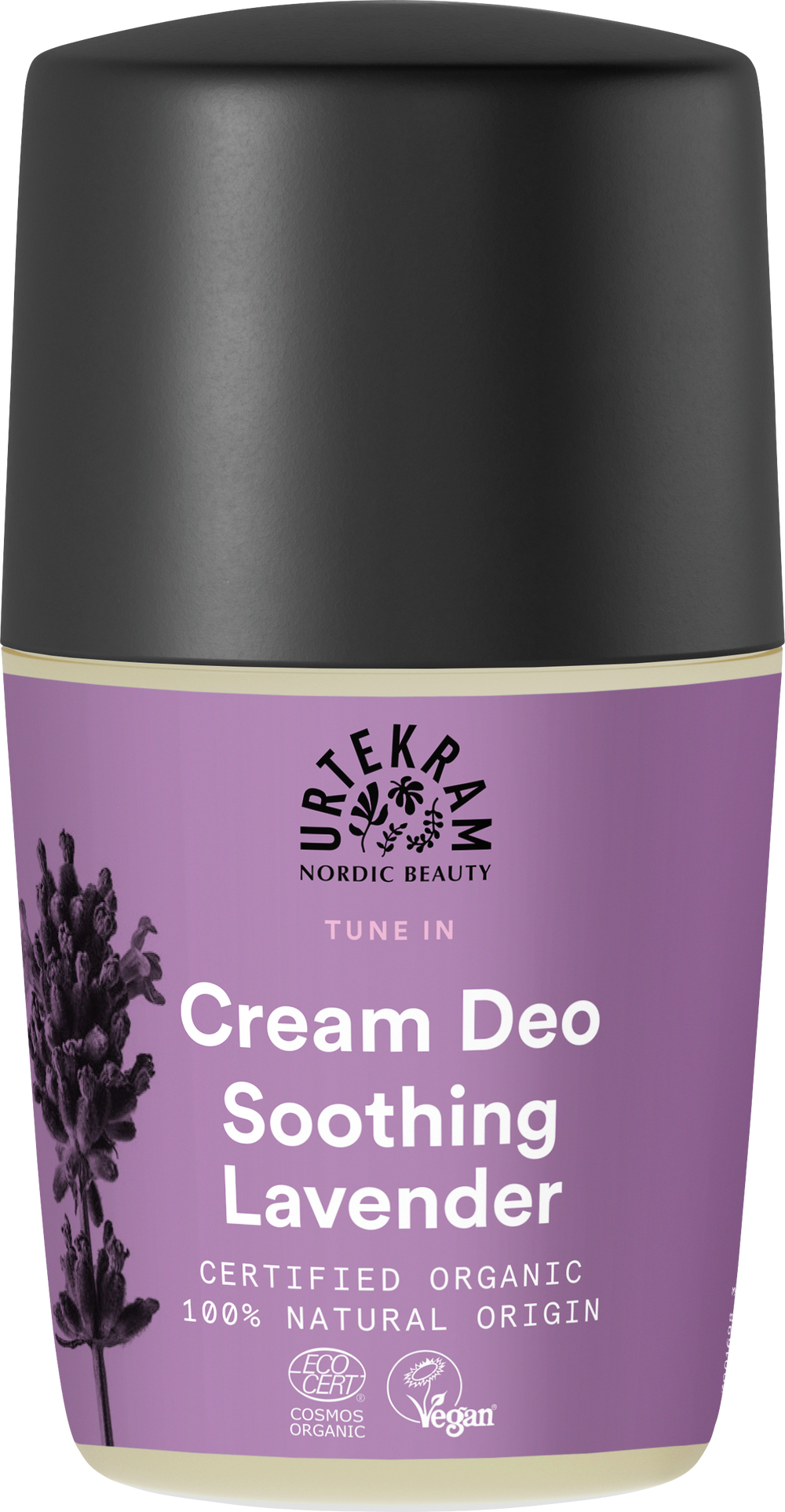 Purple bottle of Urtekram Tune In Soothing Lavender Cream Deo with black cap.