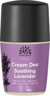 Purple bottle of Urtekram Tune In Soothing Lavender Cream Deo with black cap.