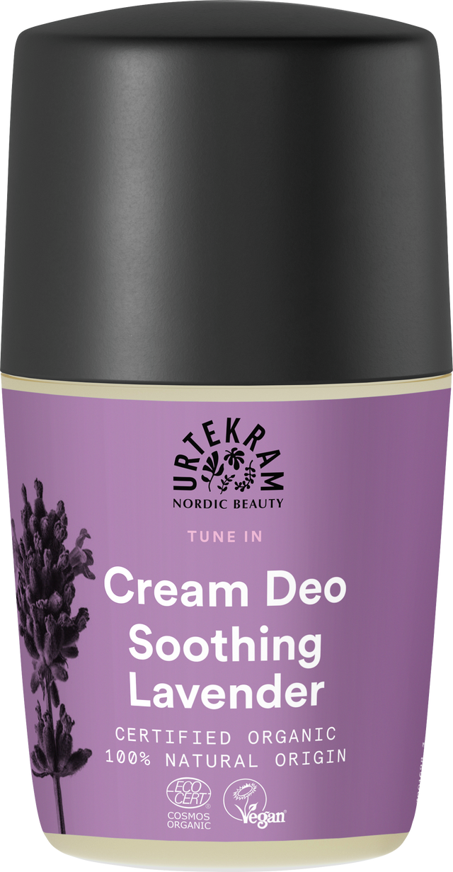 Purple bottle of Urtekram Tune In Soothing Lavender Cream Deo with black cap.