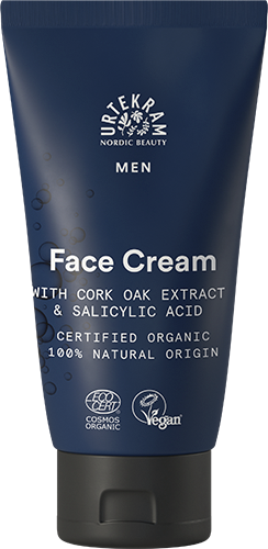 Dark blue tube of Urtekram Men Face Cream with cork oak and salicylic acid.