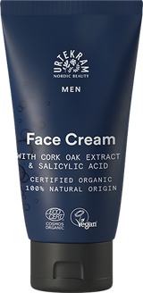 Dark blue tube of Urtekram Men Face Cream with cork oak and salicylic acid.