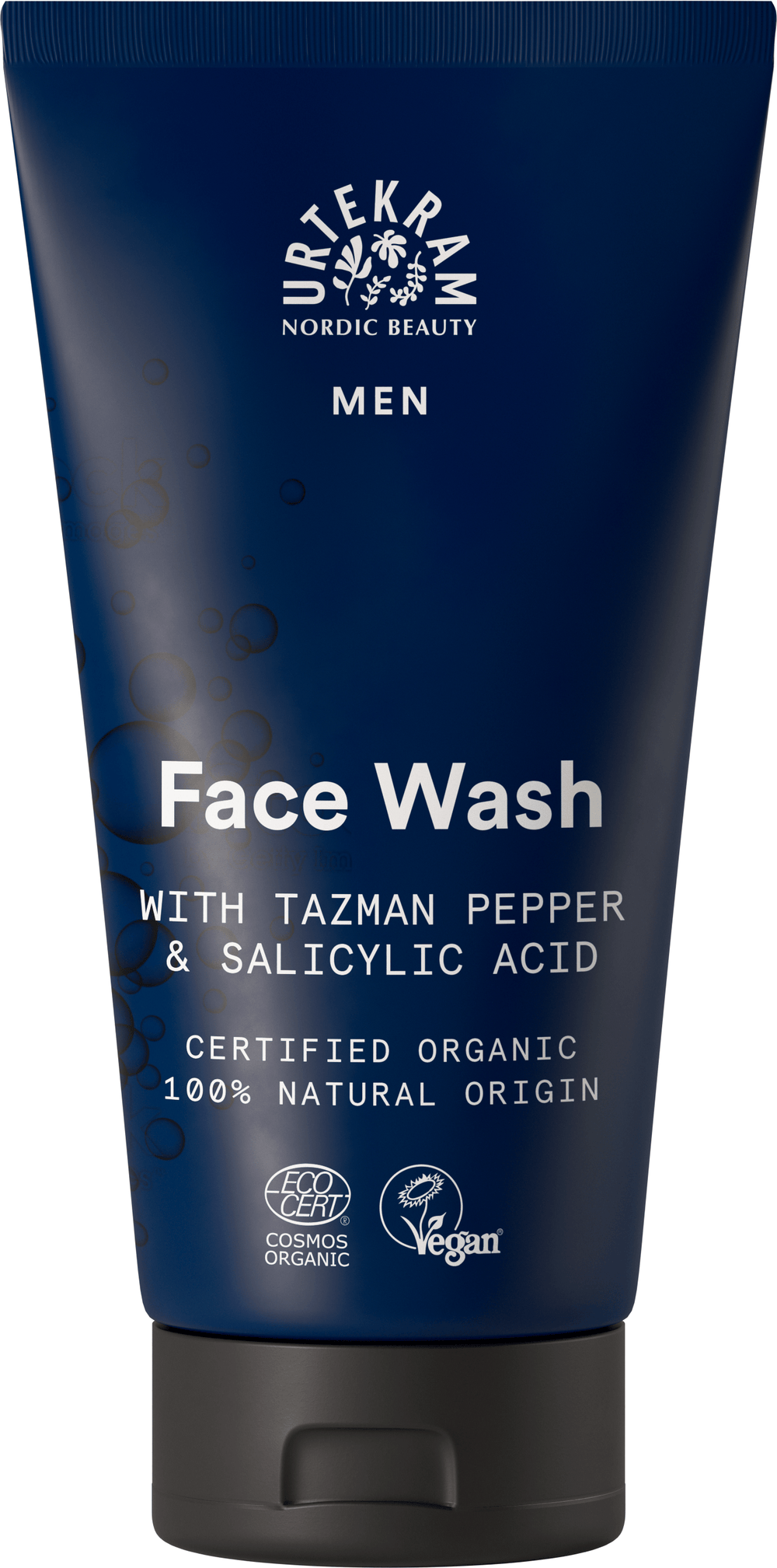 Urtekram Nordic Beauty Men Face Wash with Tazman Pepper & Salicylic Acid tube.