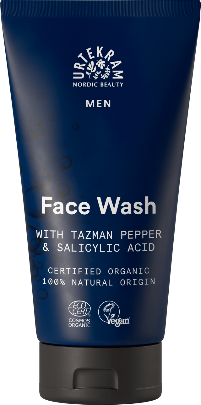 Urtekram Nordic Beauty Men Face Wash with Tazman Pepper & Salicylic Acid tube.
