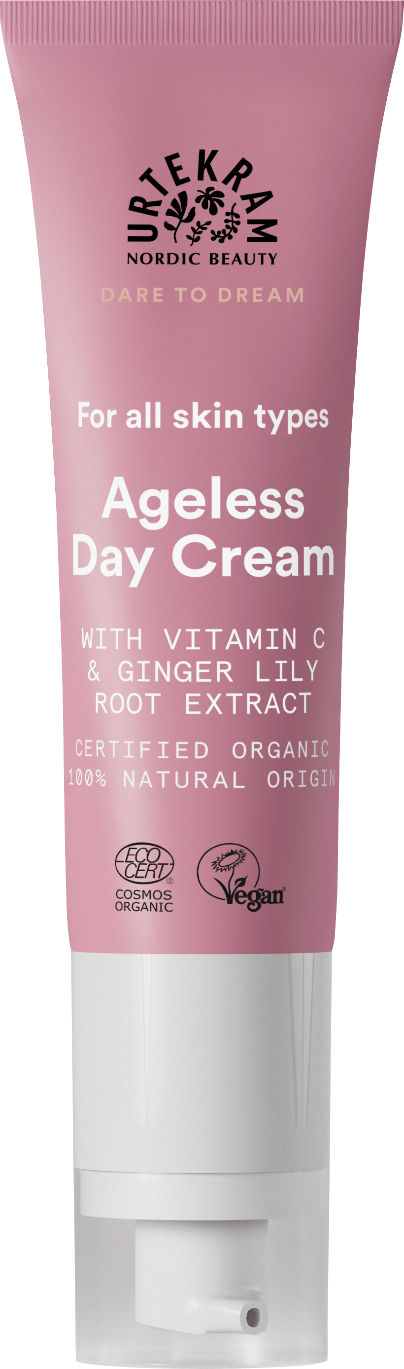 Pink tube of Urtekram Ageless Day Cream with Vitamin C and ginger.