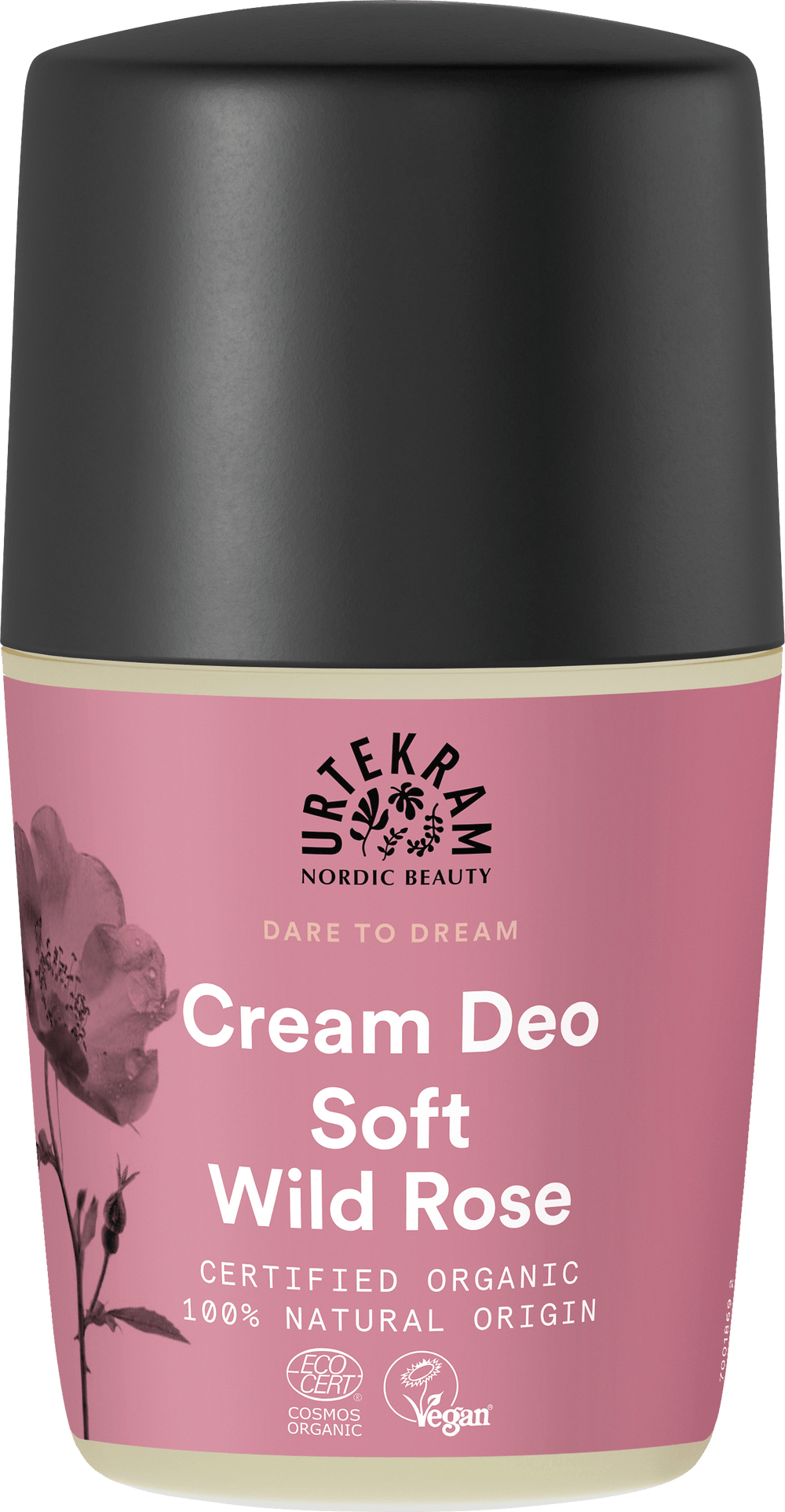 Pink bottle of Urtekram Dare to Dream Soft Wild Rose Cream Deo with black cap.