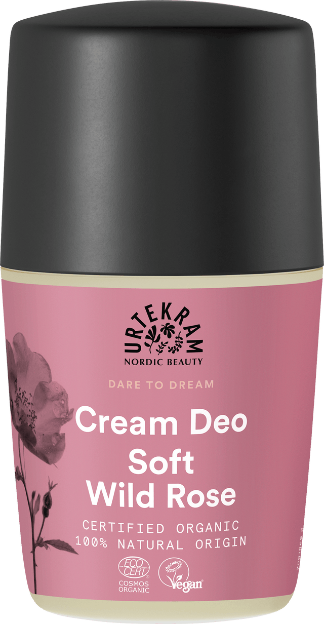 Pink bottle of Urtekram Dare to Dream Soft Wild Rose Cream Deo with black cap.