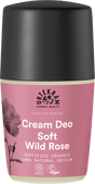 Pink bottle of Urtekram Dare to Dream Soft Wild Rose Cream Deo with black cap.