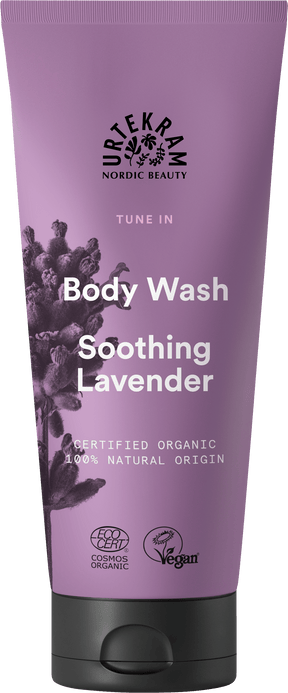 Purple tube of Urtekram Tune In Soothing Lavender Body Wash with black cap.