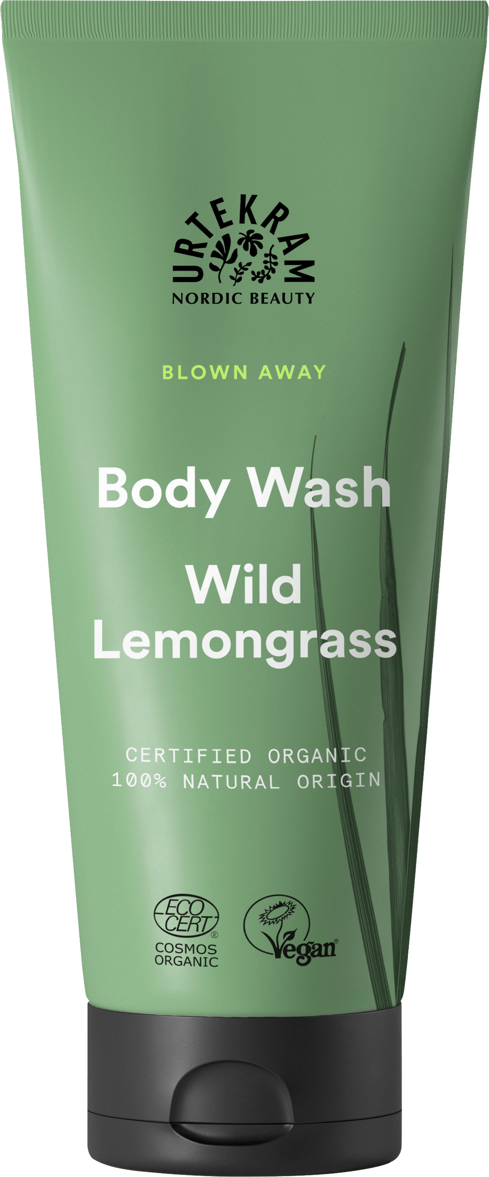 Green tube of Urtekram Blown Away Wild Lemongrass Body Wash with black cap.