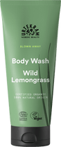 Green tube of Urtekram Blown Away Wild Lemongrass Body Wash with black cap.