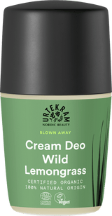 Green bottle of Urtekram Blown Away Wild Lemongrass Cream Deo with black cap.
