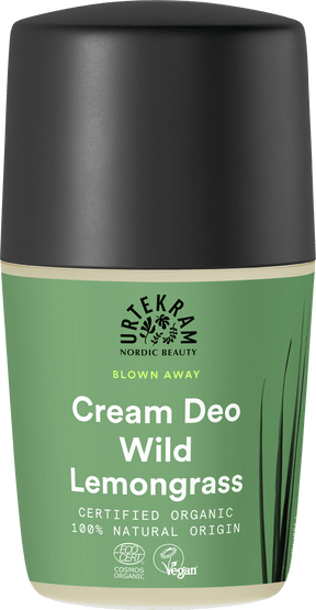 Green bottle of Urtekram Blown Away Wild Lemongrass Cream Deo with black cap.