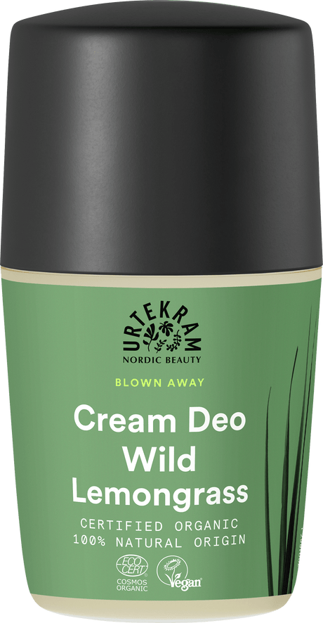 Green bottle of Urtekram Blown Away Wild Lemongrass Cream Deo with black cap.