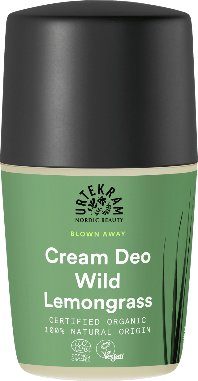 Green bottle of Urtekram Blown Away Wild Lemongrass Cream Deo with black cap.