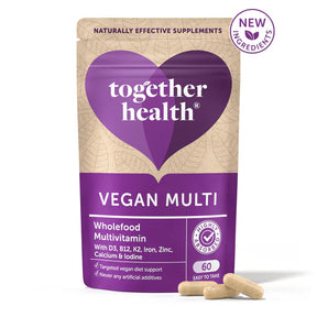 A pouch of Together Health Vegan Multi wholefood multivitamin for targeted vegan diet support.