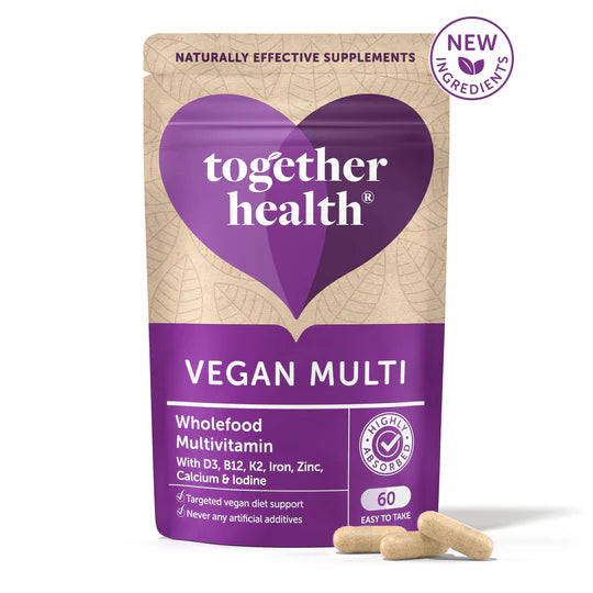 A pouch of Together Health Vegan Multi wholefood multivitamin for targeted vegan diet support.