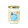 A 500ml glass jar of solid white True Organic Extra Virgin Coconut Oil with a light beige label, blue circular branding, and a gold metal lid.