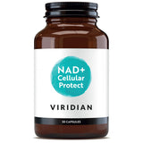 Brown supplement bottle labeled 'NAD+ Cellular Support' by Viridian on a white background