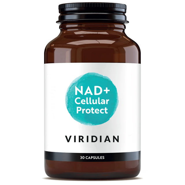 Brown supplement bottle labeled 'NAD+ Cellular Support' by Viridian on a white background