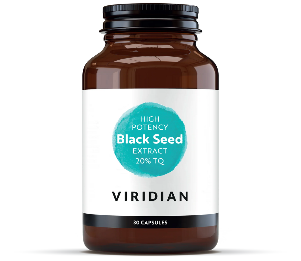 A 30-capsule amber glass jar of Viridian High Potency Black Seed Extract (20% TQ) with a white label and turquoise circle logo, isolated on a transparent background.