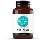 A 30-capsule amber glass jar of Viridian High Potency Black Seed Extract (20% TQ) with a white label and turquoise circle logo, isolated on a transparent background.