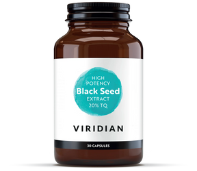 A 30-capsule amber glass jar of Viridian High Potency Black Seed Extract (20% TQ) with a white label and turquoise circle logo, isolated on a transparent background.