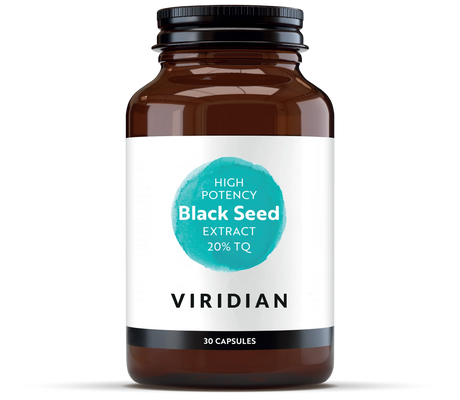 A 30-capsule amber glass jar of Viridian High Potency Black Seed Extract (20% TQ) with a white label and turquoise circle logo, isolated on a transparent background.