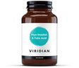 A 120g amber glass jar of Viridian Myo-Inositol & Folic Acid powder food supplement with a white label and a turquoise watercolor-style circle, isolated on a white background.