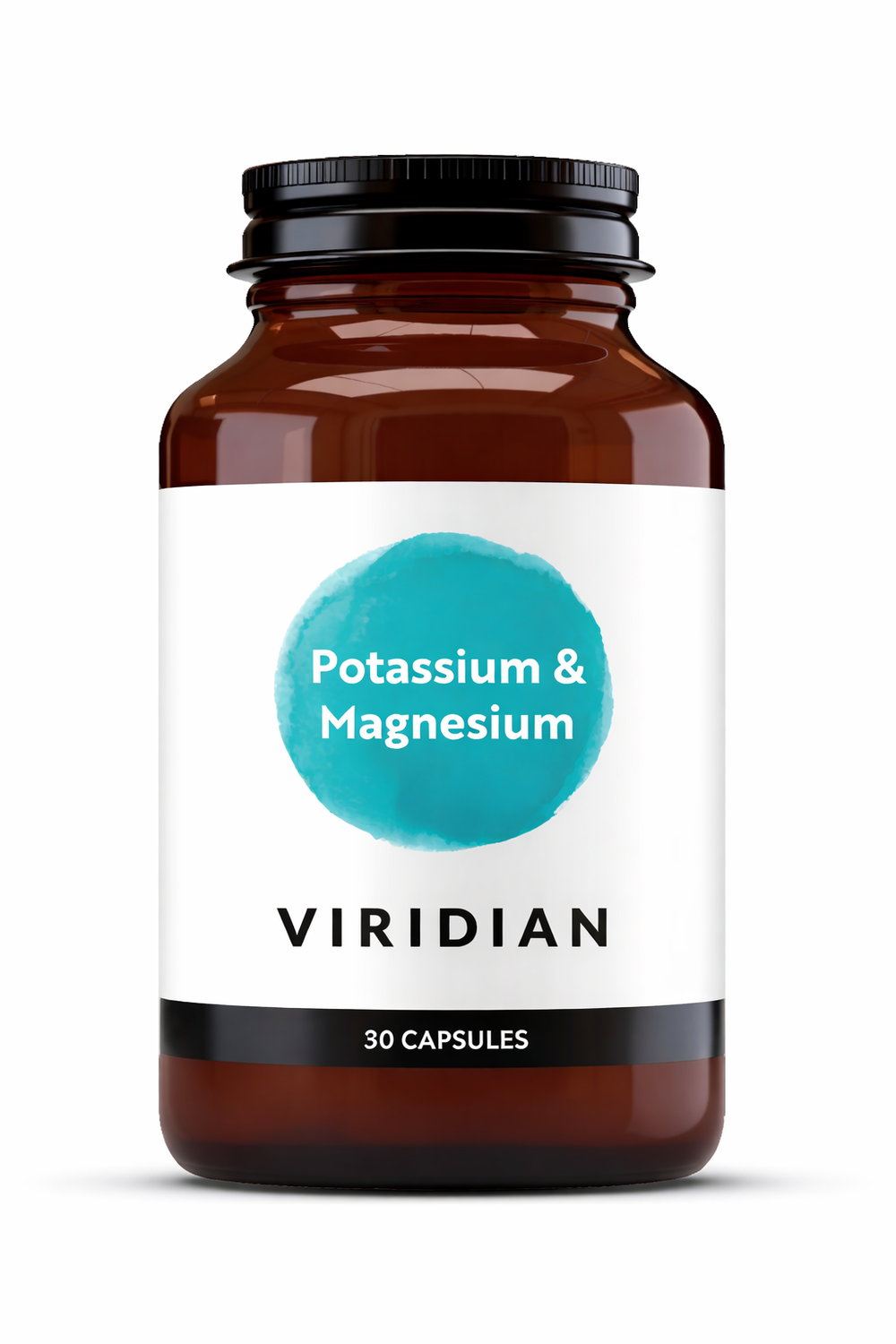 A 30-capsule amber glass jar of Viridian Potassium & Magnesium food supplement with a white label and a turquoise watercolor-style circle, isolated on a white background.
