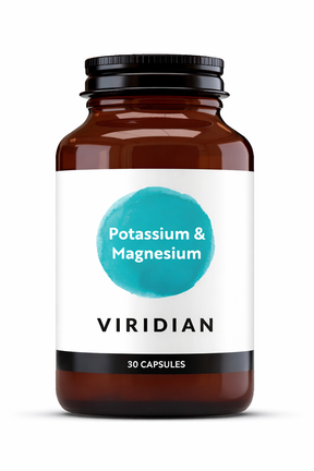 A 30-capsule amber glass jar of Viridian Potassium & Magnesium food supplement with a white label and a turquoise watercolor-style circle, isolated on a white background.