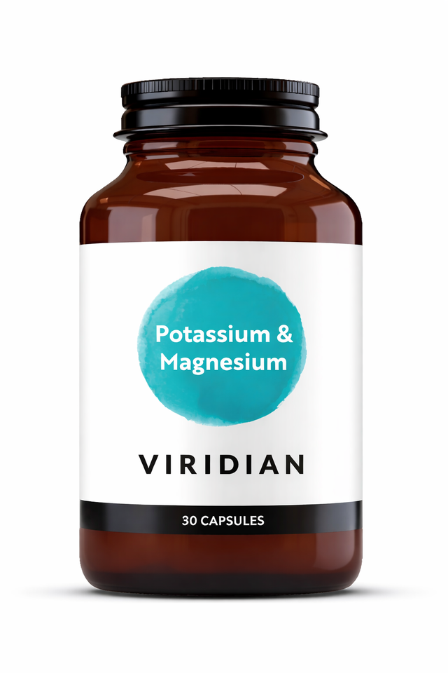 A 30-capsule amber glass jar of Viridian Potassium & Magnesium food supplement with a white label and a turquoise watercolor-style circle, isolated on a white background.